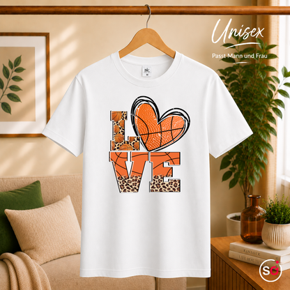 Unisex Weiß – LOVE T-Shirt mit Basketball-Herz und stylischem Leopardenmuster