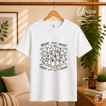 Unisex Weiß – T-Shirt mit schreienden Möwen 'Mom! Mom! Mom!' - Lustiges Comic-Design
