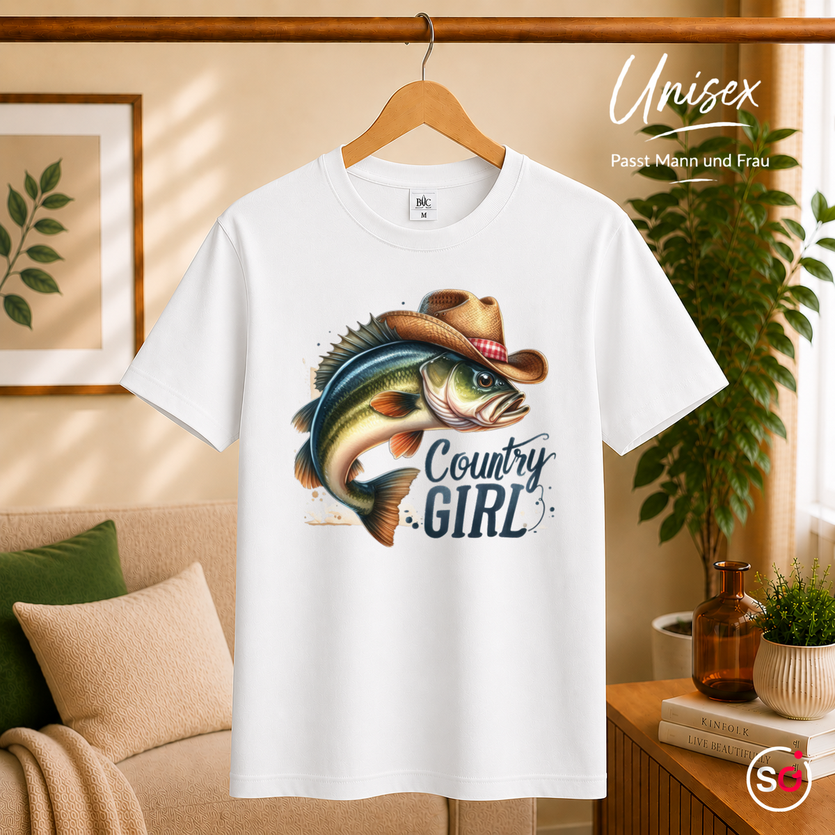 Unisex Weiß – Country Girl T-Shirt | Lustiges Fisch-Motiv mit Cowboyhut für Anglerinnen & Western-Fans