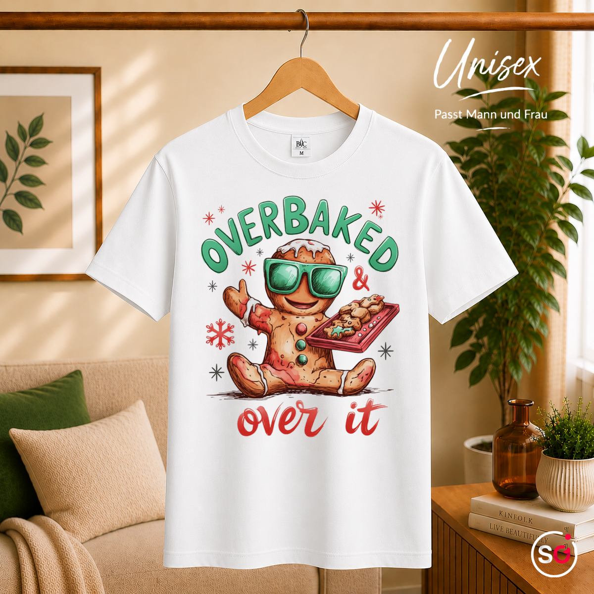 Unisex Weiß – Lustiges Lebkuchenmann T-Shirt mit Spruch 'Overbaked & Over It' für Weihnachten