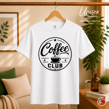 Unisex Weiß – T-Shirt mit Coffee Club Emblem | Retro-Logo für Kaffee-Liebhaber