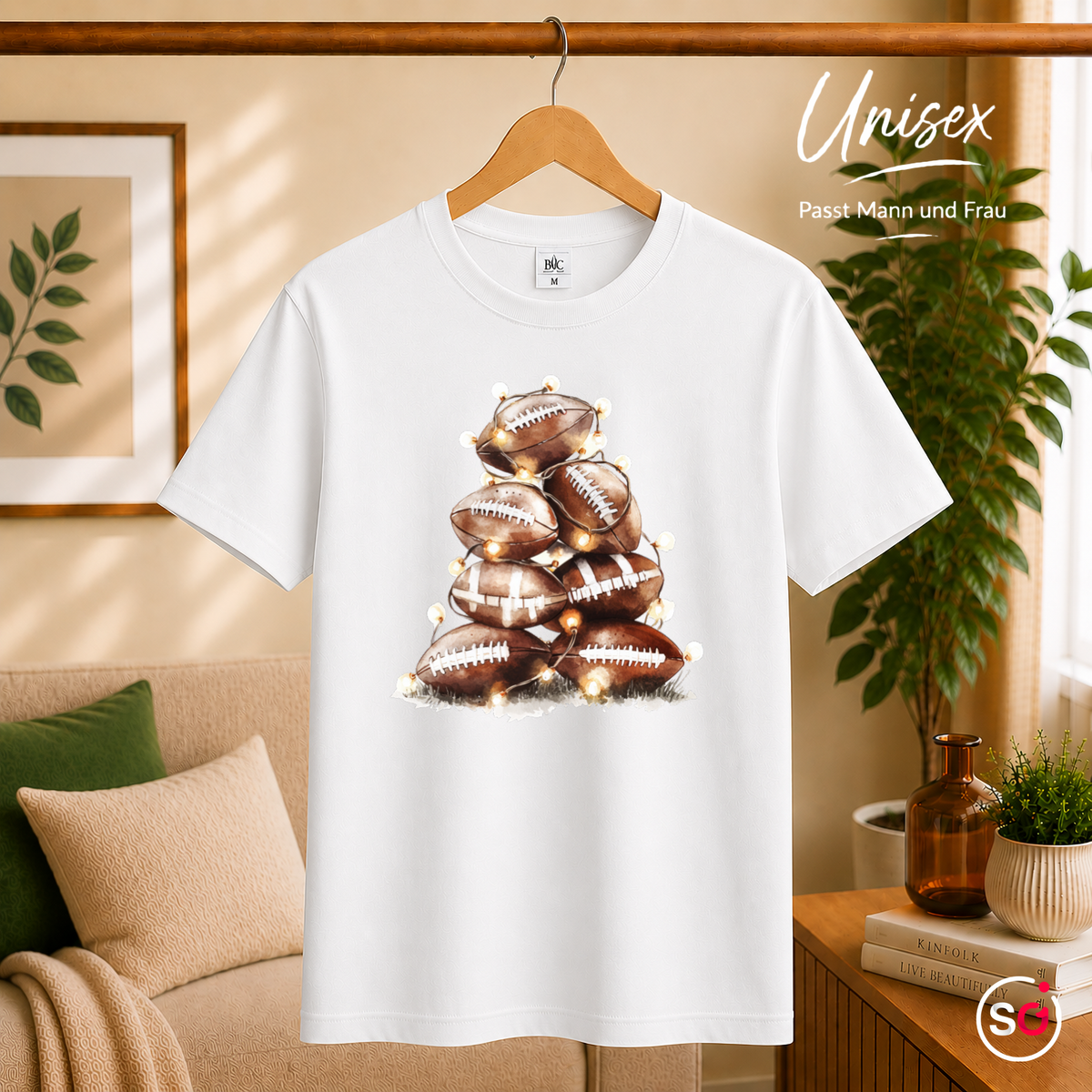 Unisex Weiß – T-Shirt mit American Football Weihnachtsbaum & funkelnder Lichterkette