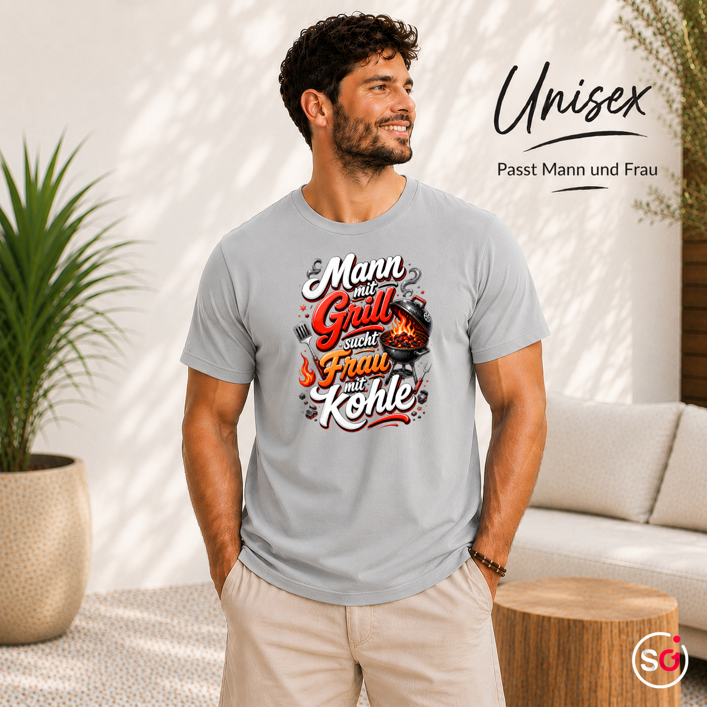 Unisex Grau – Lustiges Grill T-Shirt: Mann mit Grill sucht Frau mit Kohle – Witziges BBQ Design