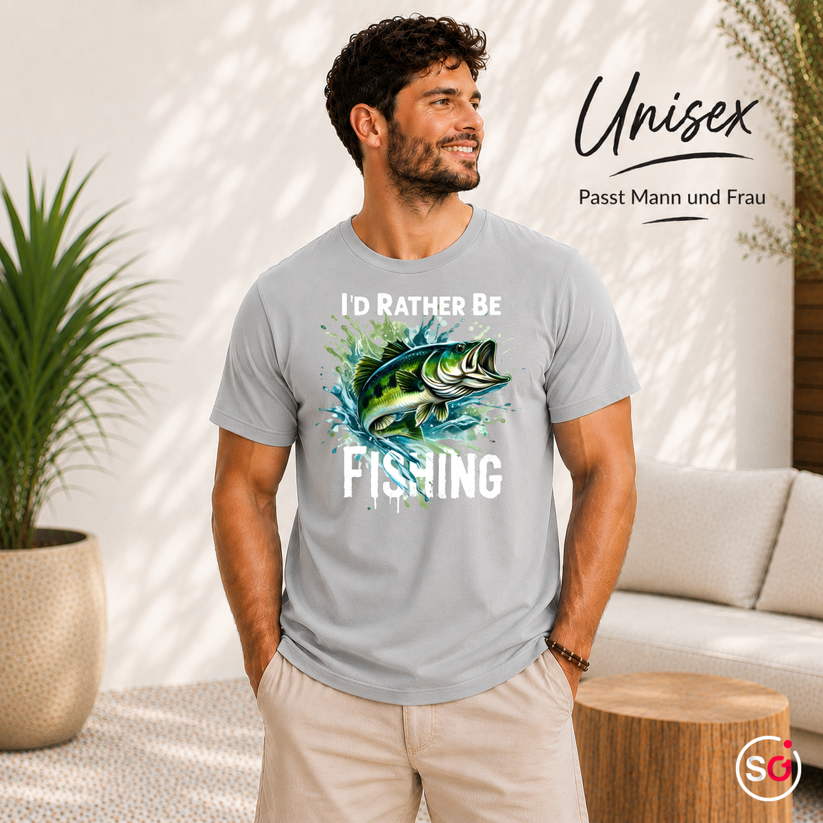 Unisex Grau – T-Shirt mit Barsch-Motiv & 'I'd Rather Be Fishing' Spruch | Dynamisches Angler-Design