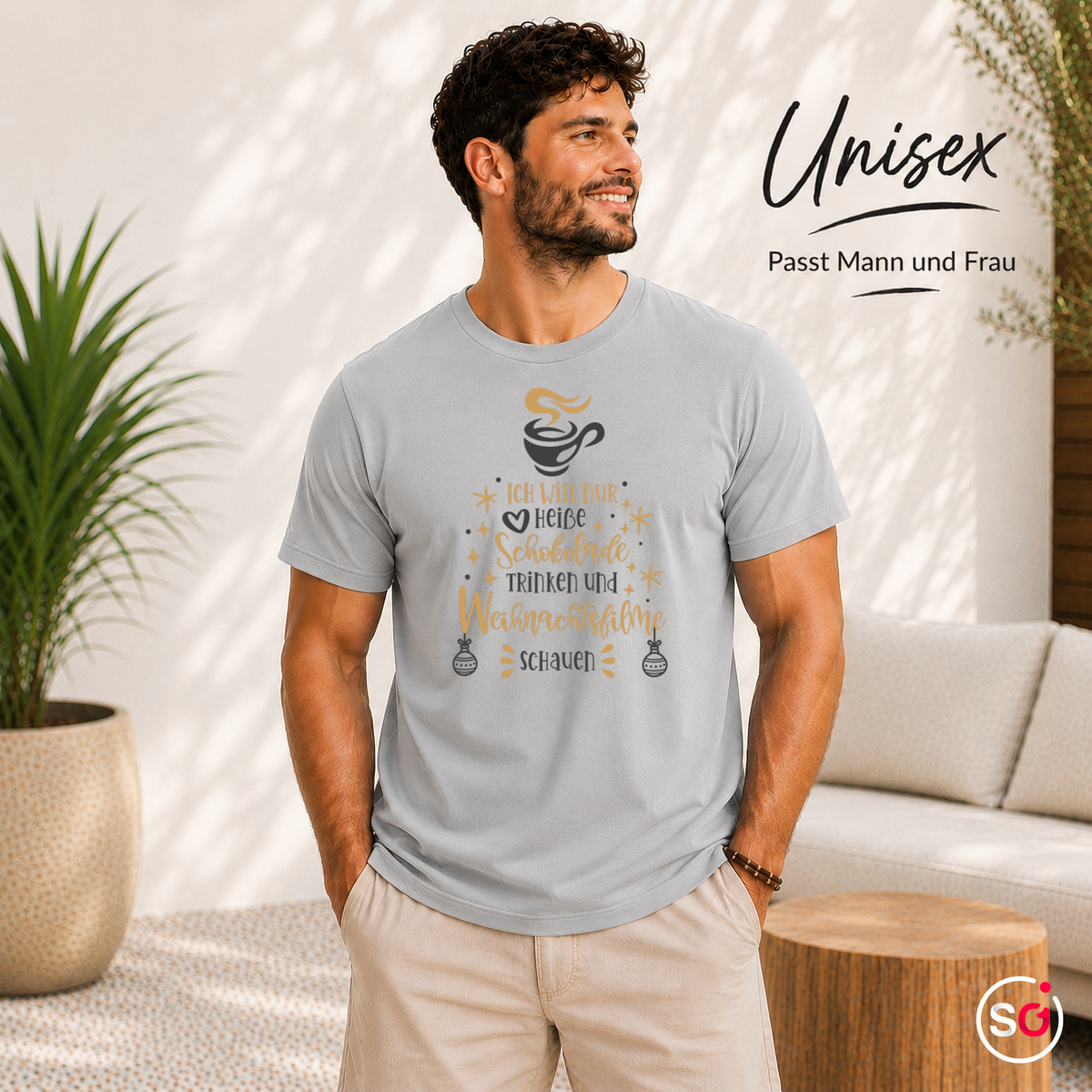 Unisex Grau – T-Shirt mit Spruch 'Heiße Schokolade & Weihnachtsfilme' in Tannenbaum-Form