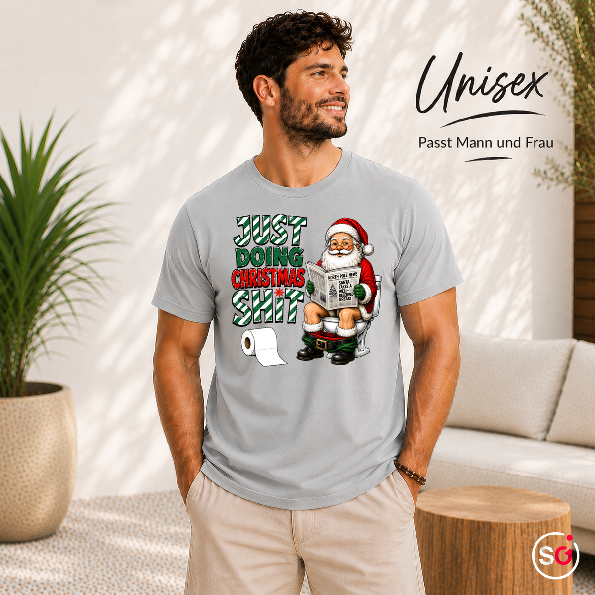 Unisex Grau – T-Shirt „Just Doing Christmas Shit“ mit Weihnachtsmann auf der Toilette