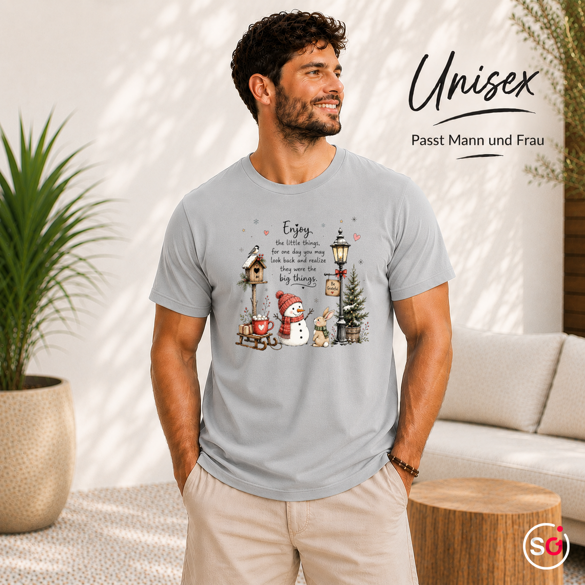 Unisex Grau – T-Shirt 'Enjoy the little things' mit Aquarell-Schneemann und Winter-Szene
