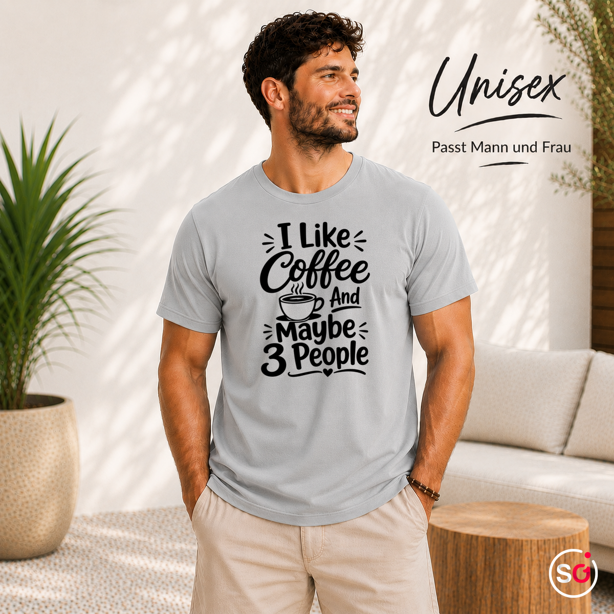 Unisex Grau – T-Shirt 'I Like Coffee And Maybe 3 People' | Witziger Spruch für Kaffeeliebhaber & Introvertierte