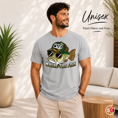 Unisex Grau – „Where The Fish“ T-Shirt mit lustigem WTF-Barsch Motiv | Witziges Angler & Fischer Design