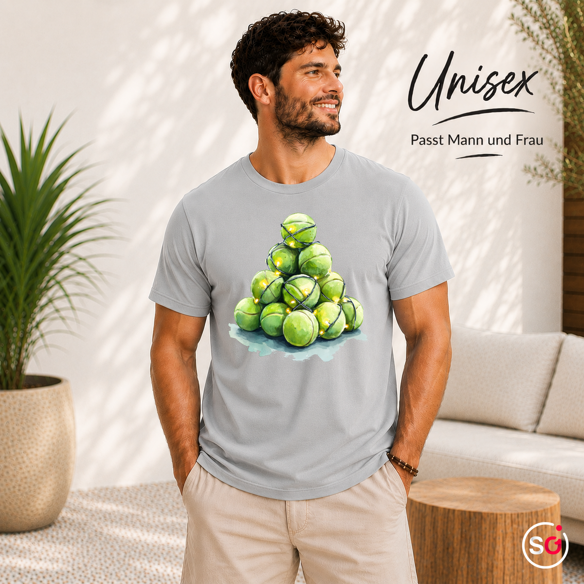 Unisex Grau – Weihnachtsbaum aus Tennisbällen T-Shirt | Festliches Design für Tennisfans