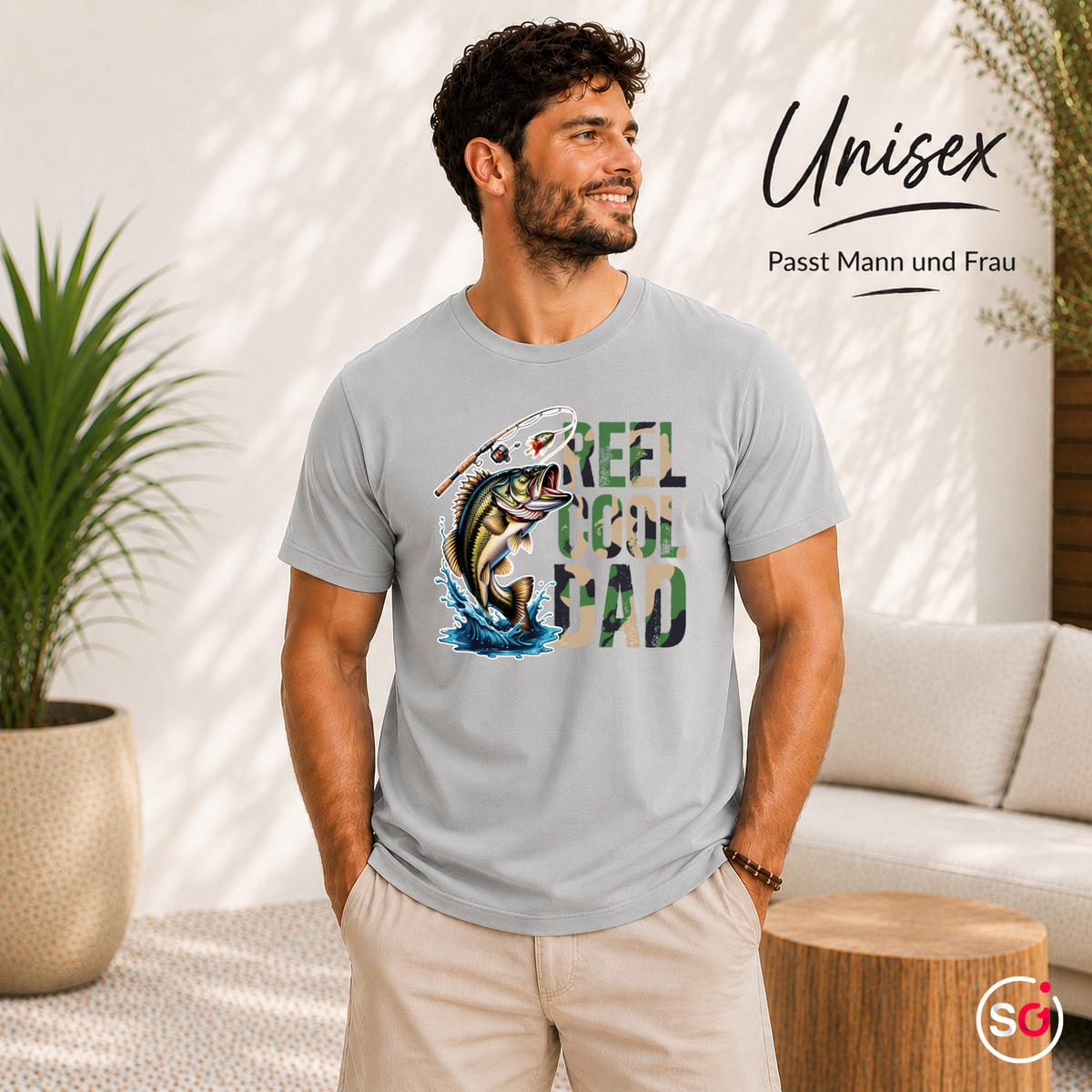 Unisex Grau – Reel Cool Dad T-Shirt mit detailreichem Bass-Motiv für Angler