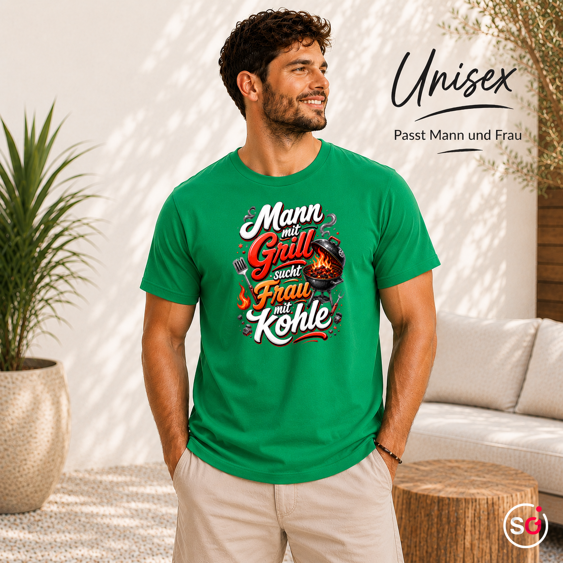 Unisex KellyGrün – Lustiges Grill T-Shirt: Mann mit Grill sucht Frau mit Kohle – Witziges BBQ Design