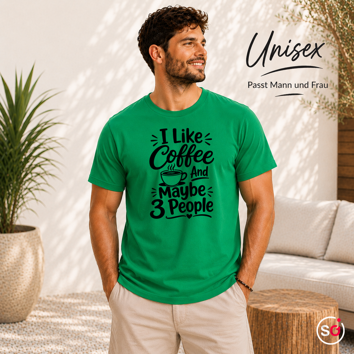 Unisex KellyGrün – T-Shirt 'I Like Coffee And Maybe 3 People' | Witziger Spruch für Kaffeeliebhaber & Introvertierte