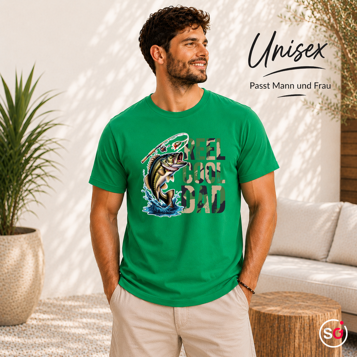 Unisex KellyGrün – Reel Cool Dad T-Shirt mit detailreichem Bass-Motiv für Angler