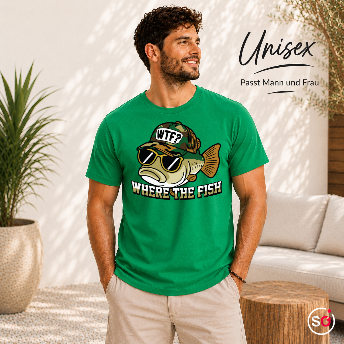 Unisex KellyGrün – „Where The Fish“ T-Shirt mit lustigem WTF-Barsch Motiv | Witziges Angler & Fischer Design