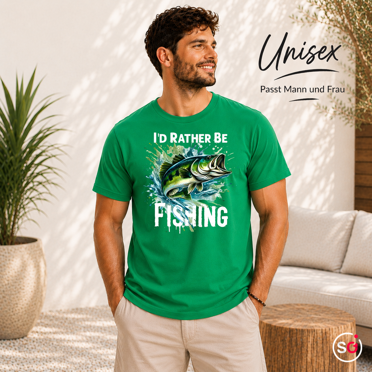 Unisex KellyGrün – T-Shirt mit Barsch-Motiv & 'I'd Rather Be Fishing' Spruch | Dynamisches Angler-Design