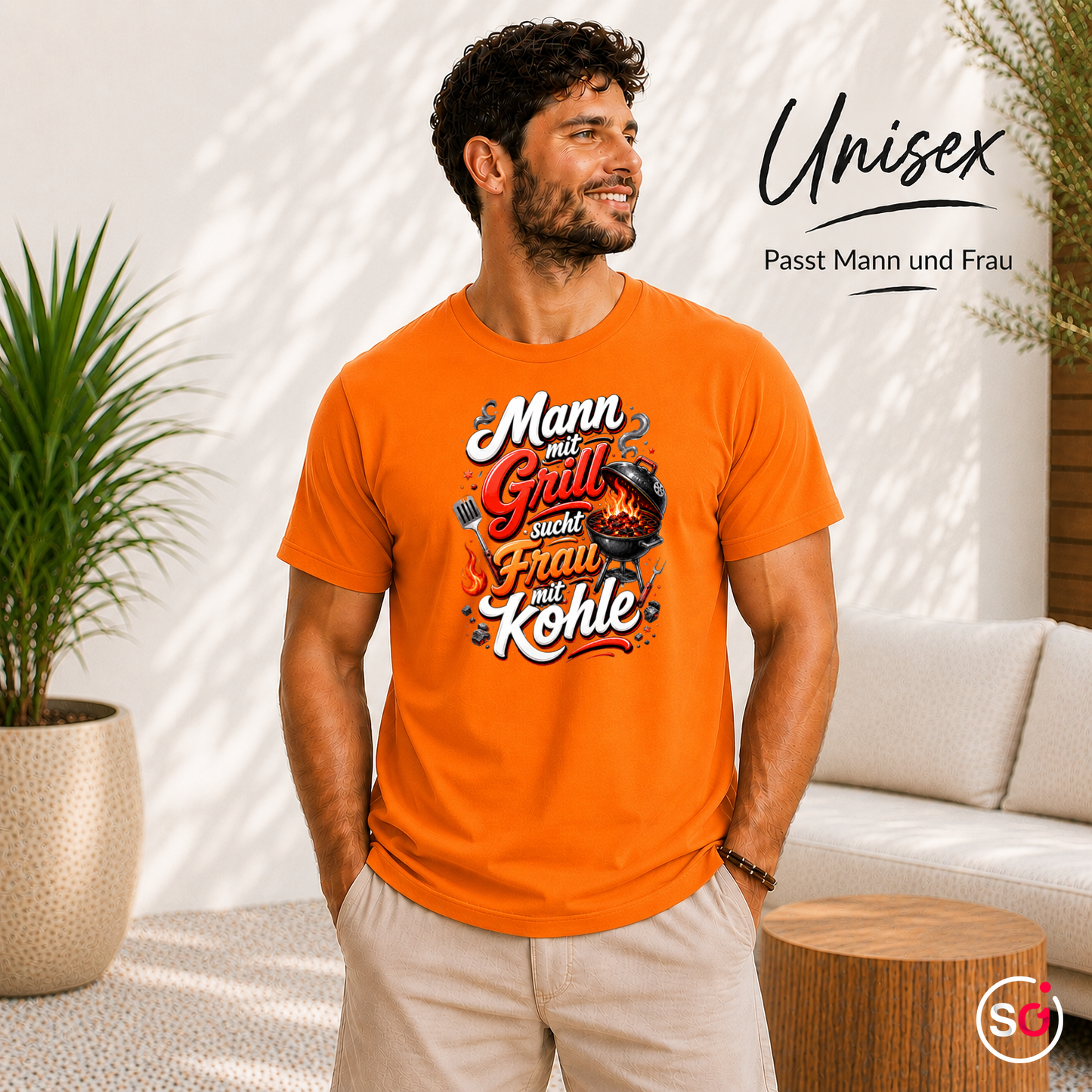 Unisex Orange – Lustiges Grill T-Shirt: Mann mit Grill sucht Frau mit Kohle – Witziges BBQ Design
