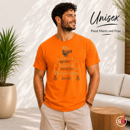 Unisex Orange – T-Shirt mit Spruch 'Heiße Schokolade & Weihnachtsfilme' in Tannenbaum-Form