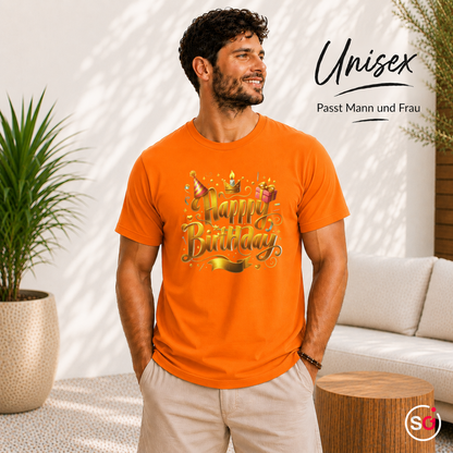 Unisex Orange – T-Shirt mit festlichem 'Happy Birthday' Schriftzug in edlem Gold-Design