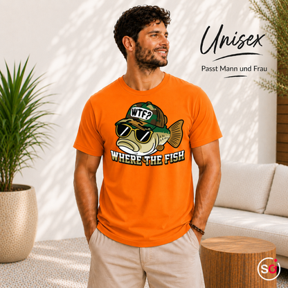 Unisex Orange – „Where The Fish“ T-Shirt mit lustigem WTF-Barsch Motiv | Witziges Angler & Fischer Design
