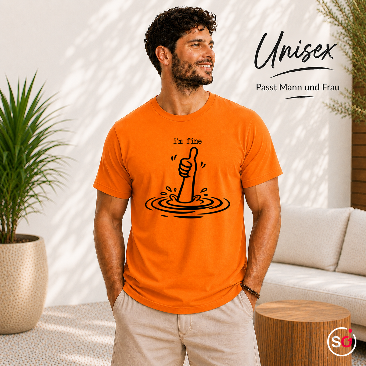 Unisex Orange – T-Shirt mit sarkastischem 'I'm Fine' Daumen Hoch Motiv