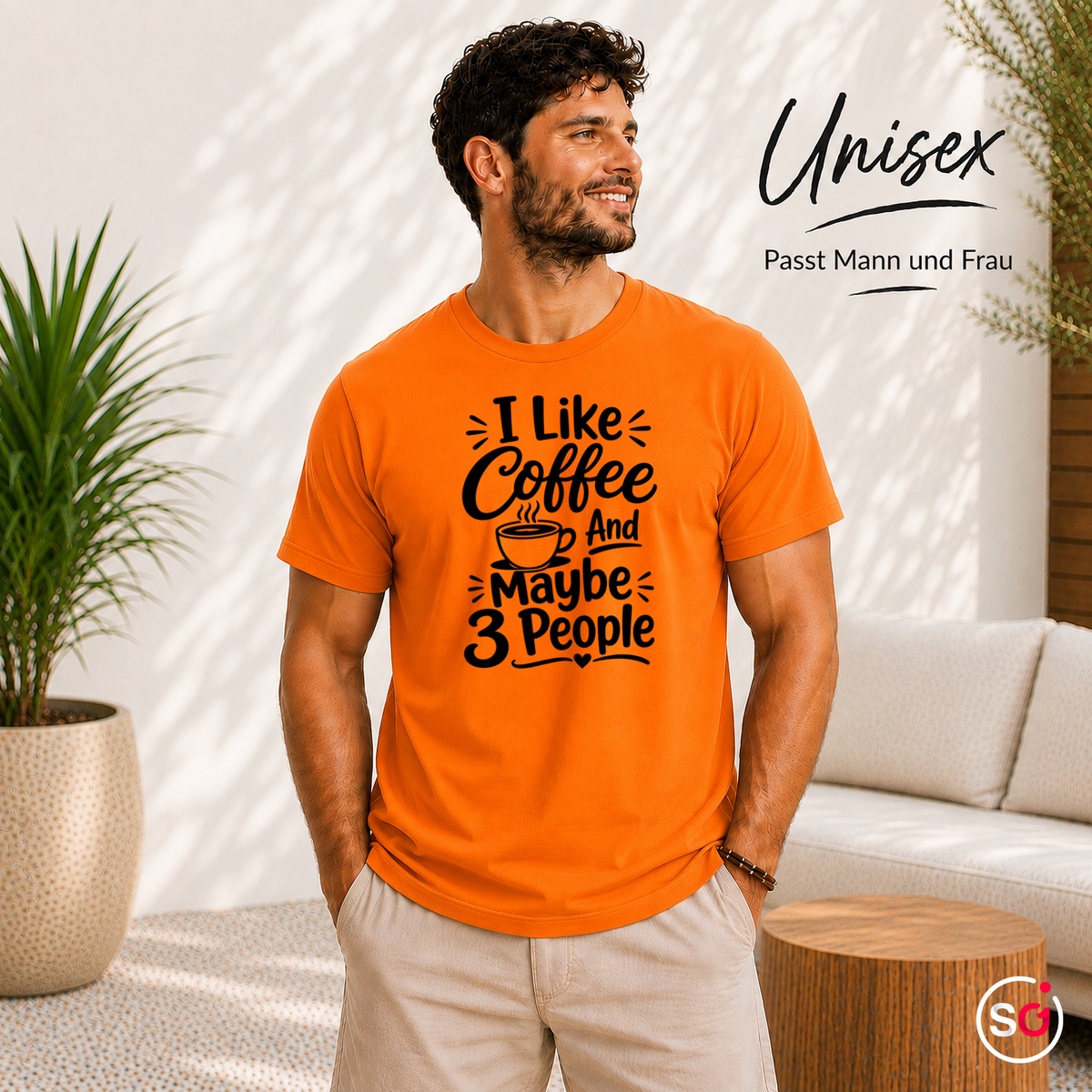 Unisex Orange – T-Shirt 'I Like Coffee And Maybe 3 People' | Witziger Spruch für Kaffeeliebhaber & Introvertierte