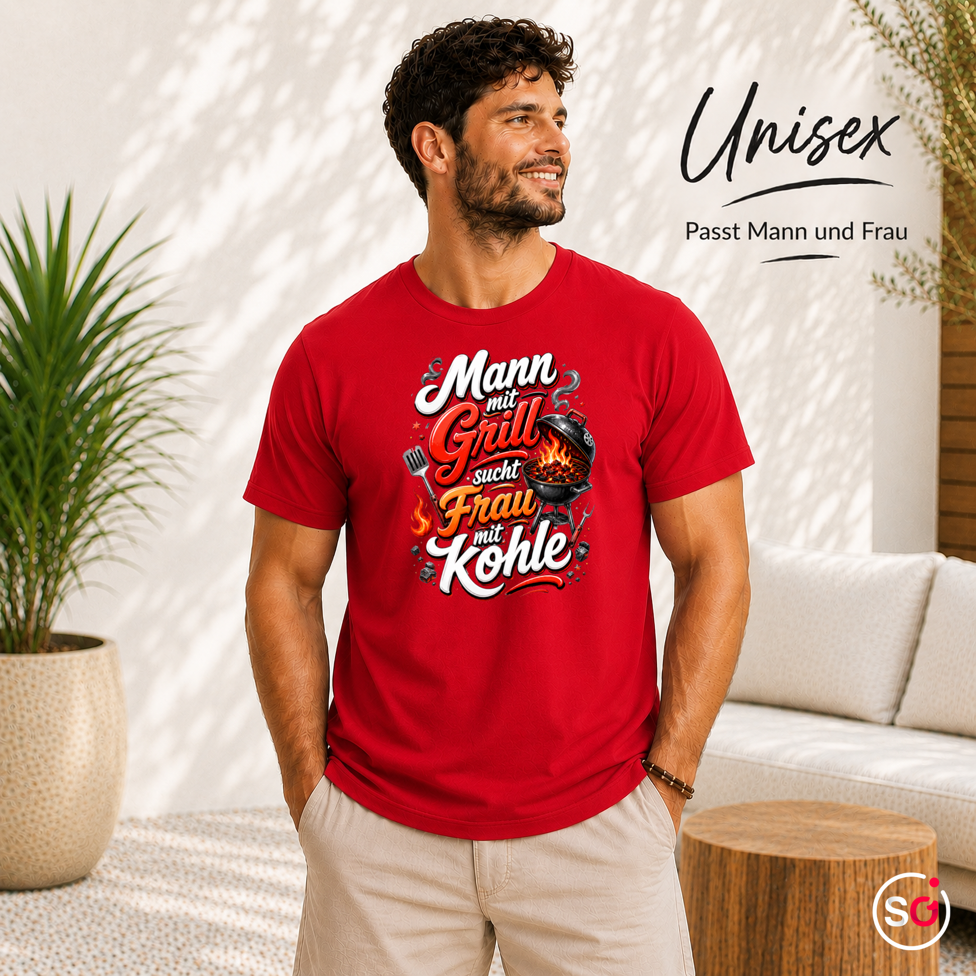 Unisex Rot – Lustiges Grill T-Shirt: Mann mit Grill sucht Frau mit Kohle – Witziges BBQ Design
