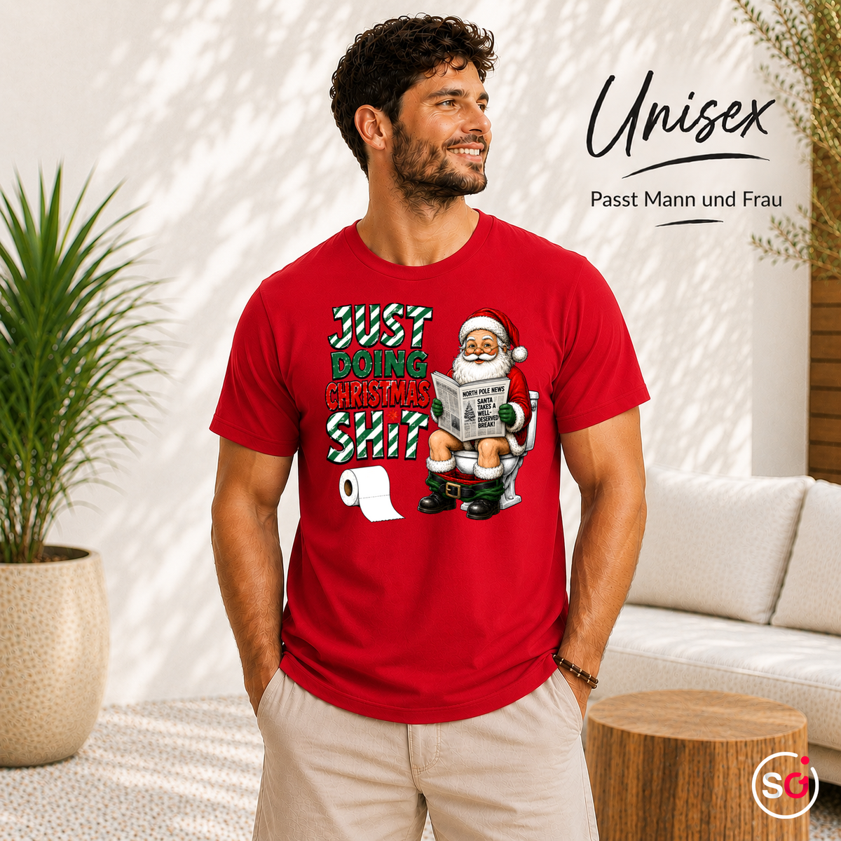 Unisex Rot – T-Shirt „Just Doing Christmas Shit“ mit Weihnachtsmann auf der Toilette