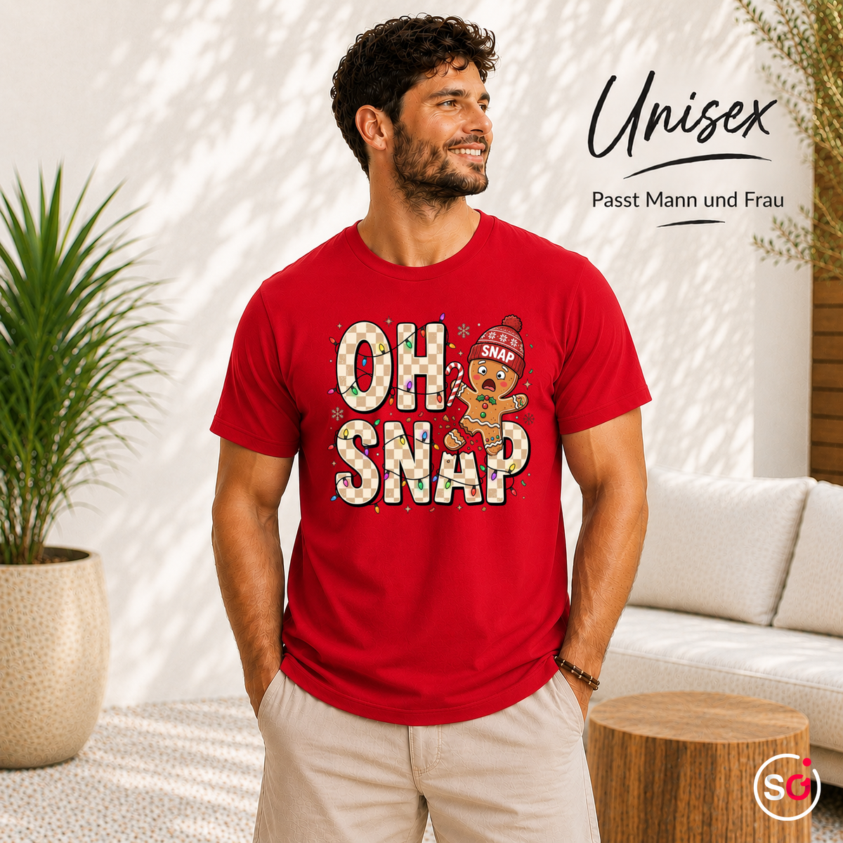 Unisex Rot – Oh Snap T-Shirt mit lustigem Lebkuchenmann | Witziges Design für die Weihnachtszeit & Advent