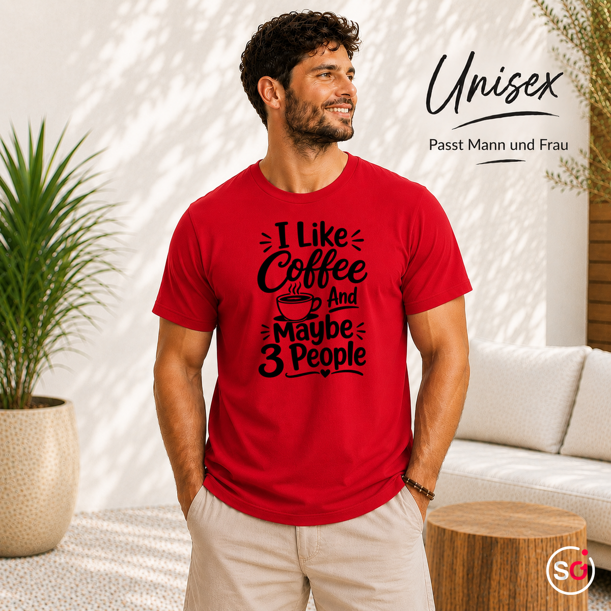 Unisex Rot – T-Shirt 'I Like Coffee And Maybe 3 People' | Witziger Spruch für Kaffeeliebhaber & Introvertierte