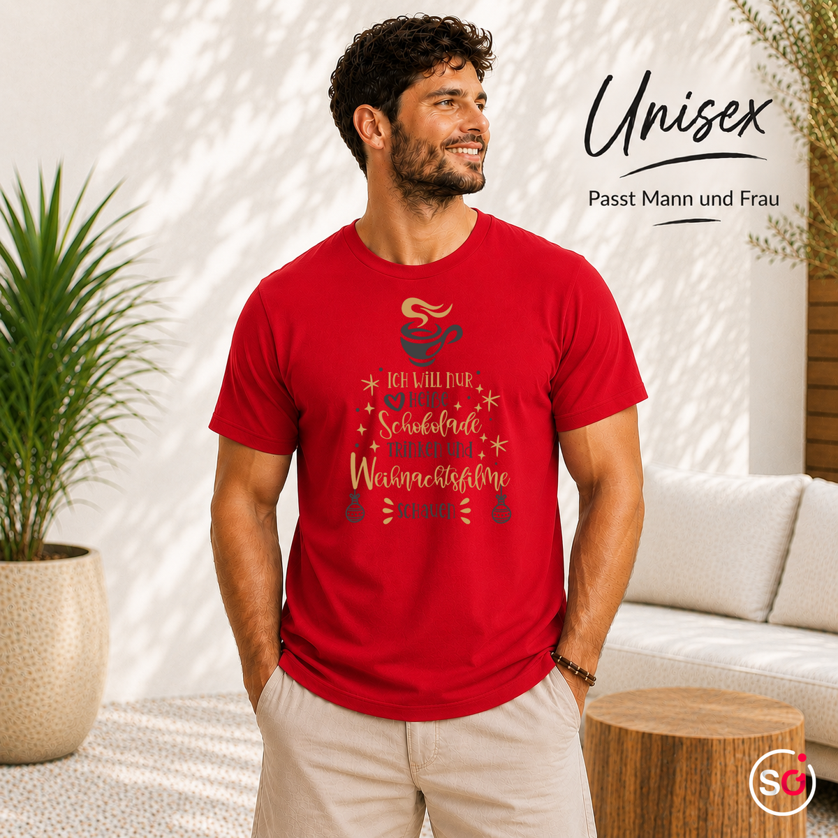 Unisex Rot – T-Shirt mit Spruch 'Heiße Schokolade & Weihnachtsfilme' in Tannenbaum-Form