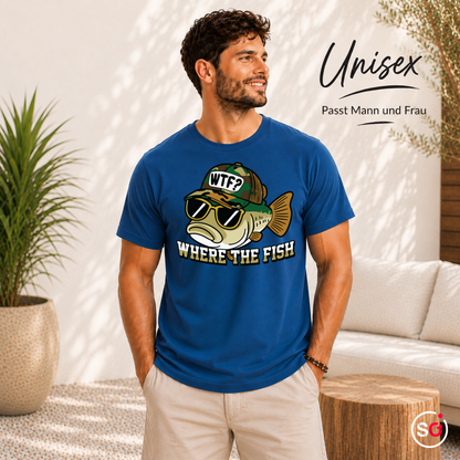 Unisex RoyalBlau – „Where The Fish“ T-Shirt mit lustigem WTF-Barsch Motiv | Witziges Angler & Fischer Design