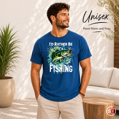 Unisex RoyalBlau – T-Shirt mit Barsch-Motiv & 'I'd Rather Be Fishing' Spruch | Dynamisches Angler-Design