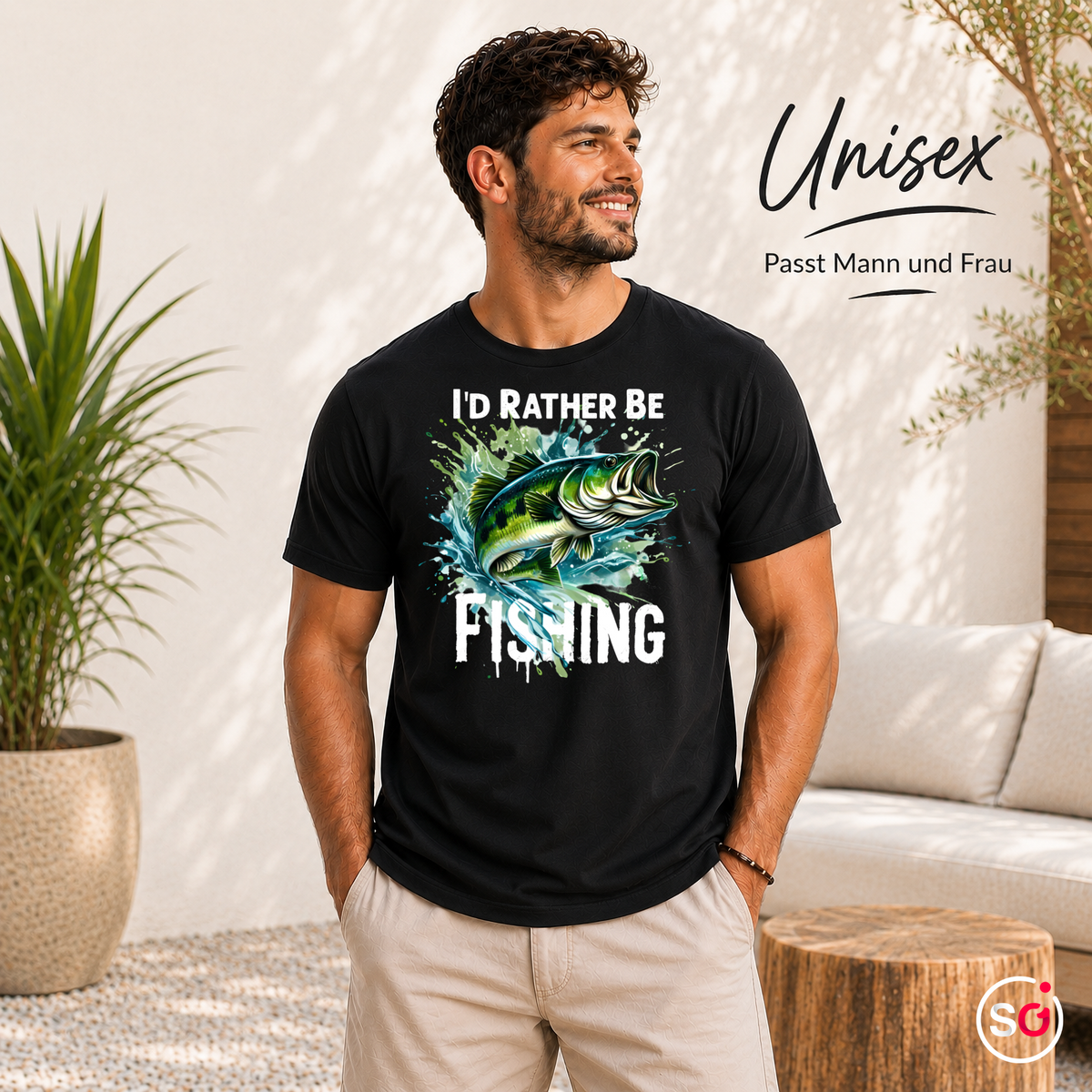 Unisex Schwarz – T-Shirt mit Barsch-Motiv & 'I'd Rather Be Fishing' Spruch | Dynamisches Angler-Design