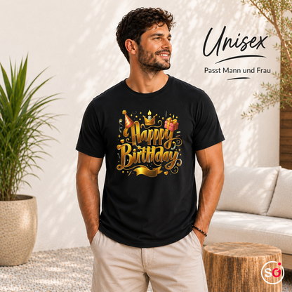 Unisex Schwarz – T-Shirt mit festlichem 'Happy Birthday' Schriftzug in edlem Gold-Design