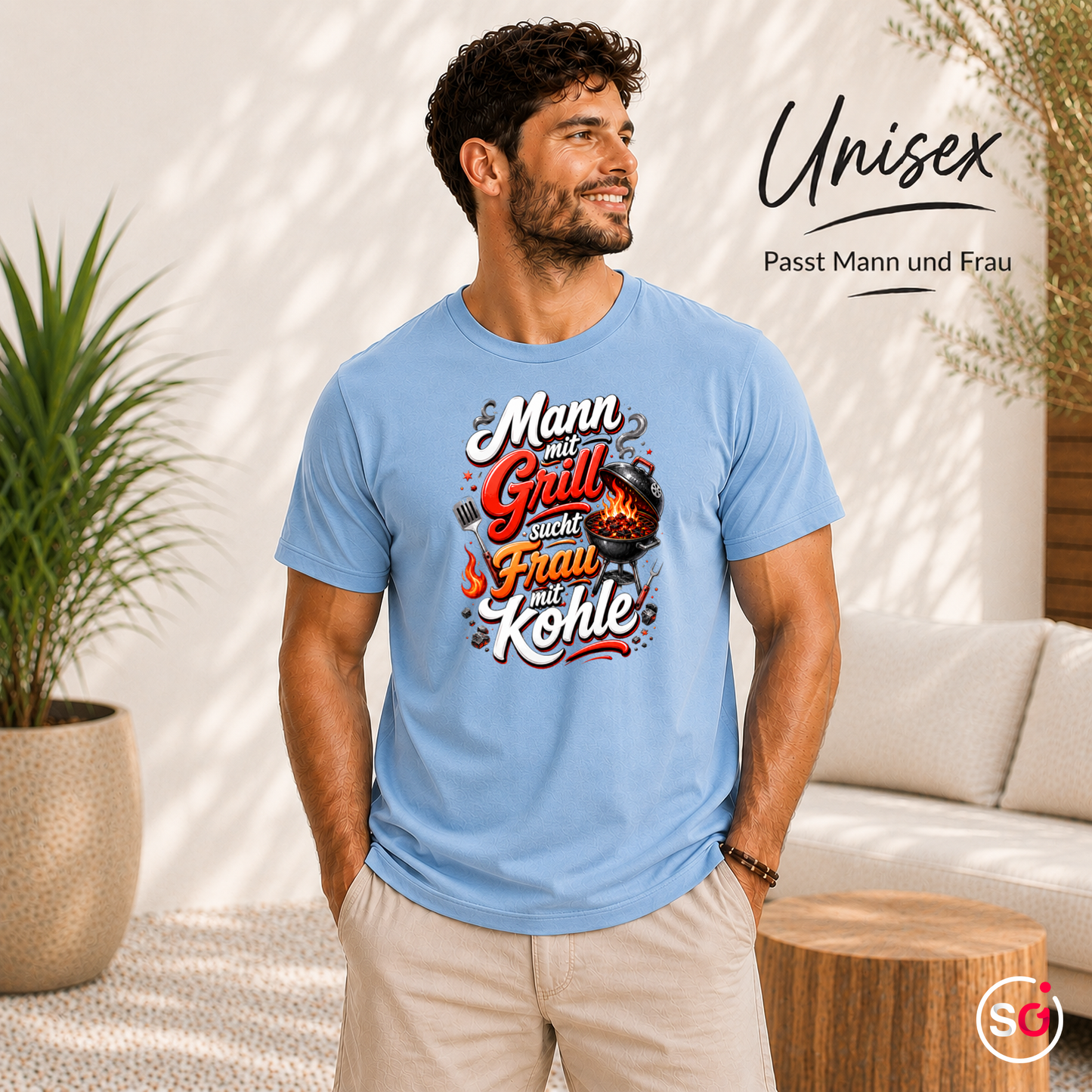 Unisex SkyBlau – Lustiges Grill T-Shirt: Mann mit Grill sucht Frau mit Kohle – Witziges BBQ Design
