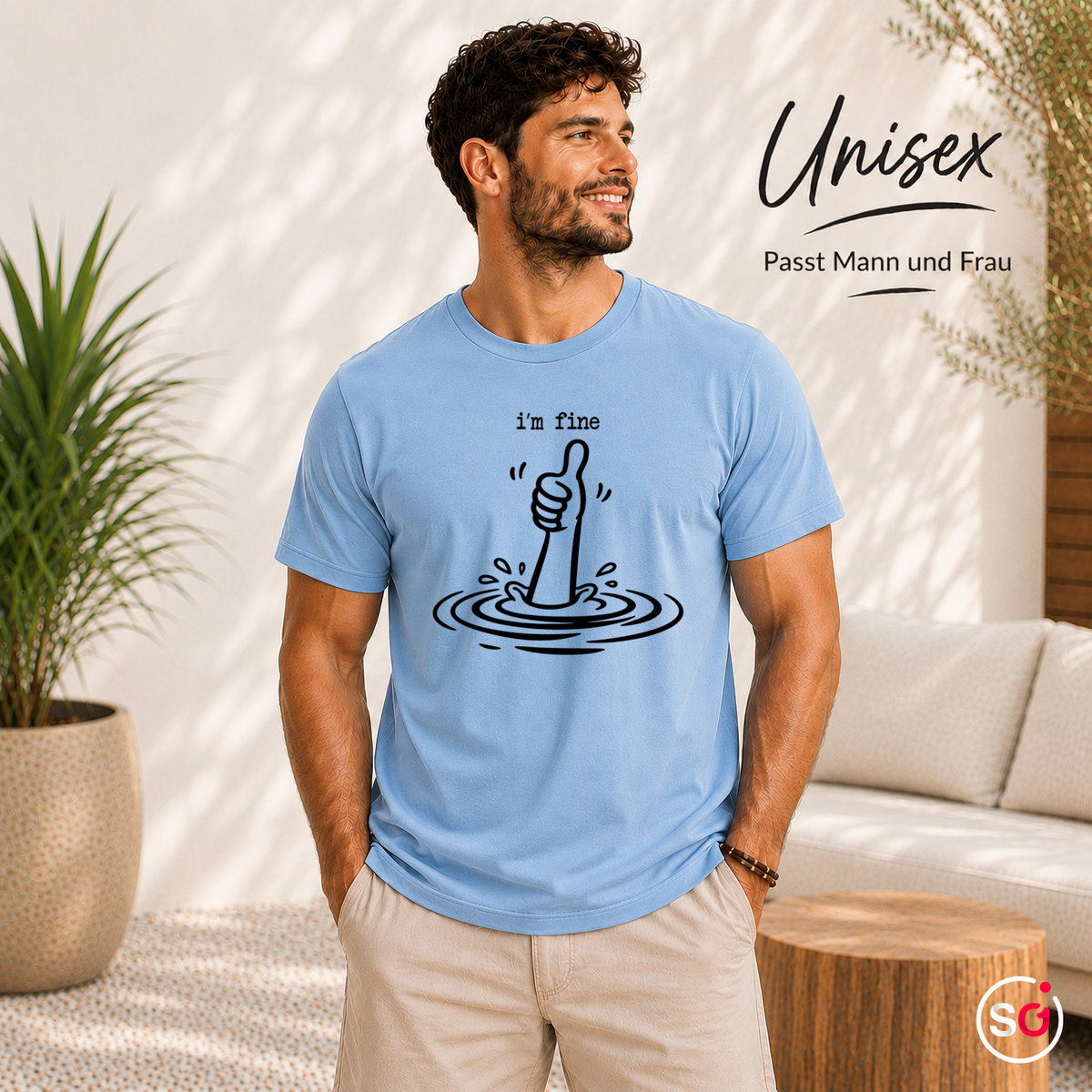 Unisex SkyBlau – T-Shirt mit sarkastischem 'I'm Fine' Daumen Hoch Motiv