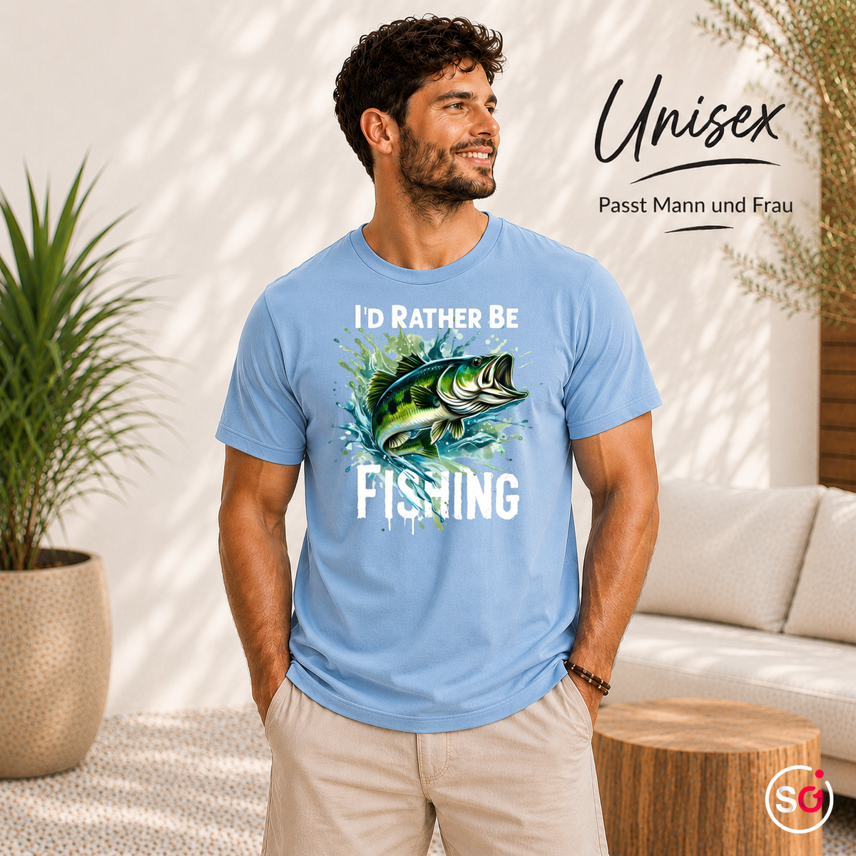 Unisex SkyBlau – T-Shirt mit Barsch-Motiv & 'I'd Rather Be Fishing' Spruch | Dynamisches Angler-Design