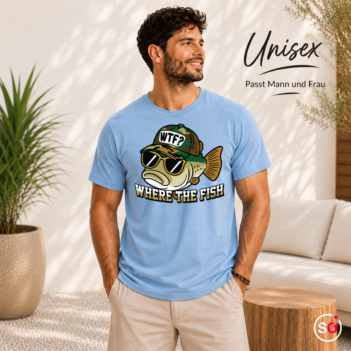 Unisex SkyBlau – „Where The Fish“ T-Shirt mit lustigem WTF-Barsch Motiv | Witziges Angler & Fischer Design