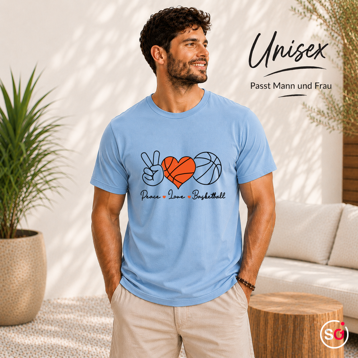 Unisex SkyBlau – T-Shirt mit Peace, Love & Basketball Design | Herz-Ball & Friedenszeichen