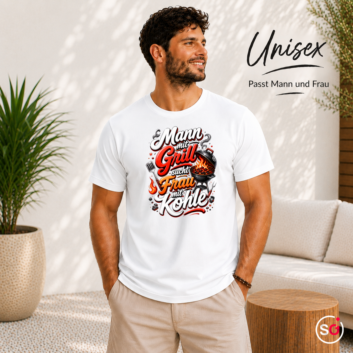 Unisex Weiß – Lustiges Grill T-Shirt: Mann mit Grill sucht Frau mit Kohle – Witziges BBQ Design