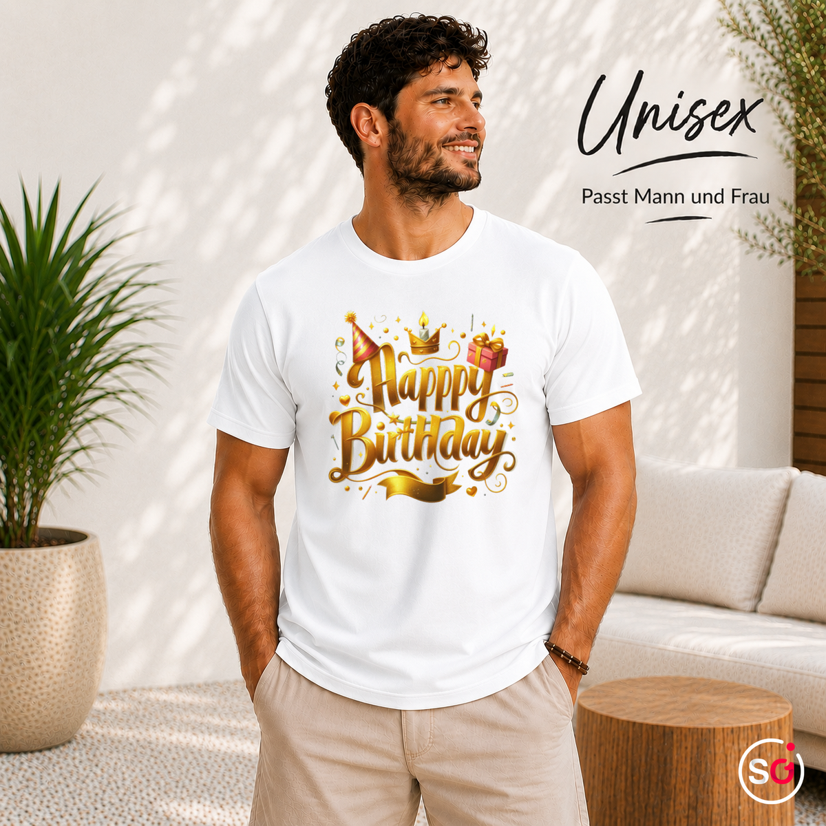 Unisex Weiß – T-Shirt mit festlichem 'Happy Birthday' Schriftzug in edlem Gold-Design