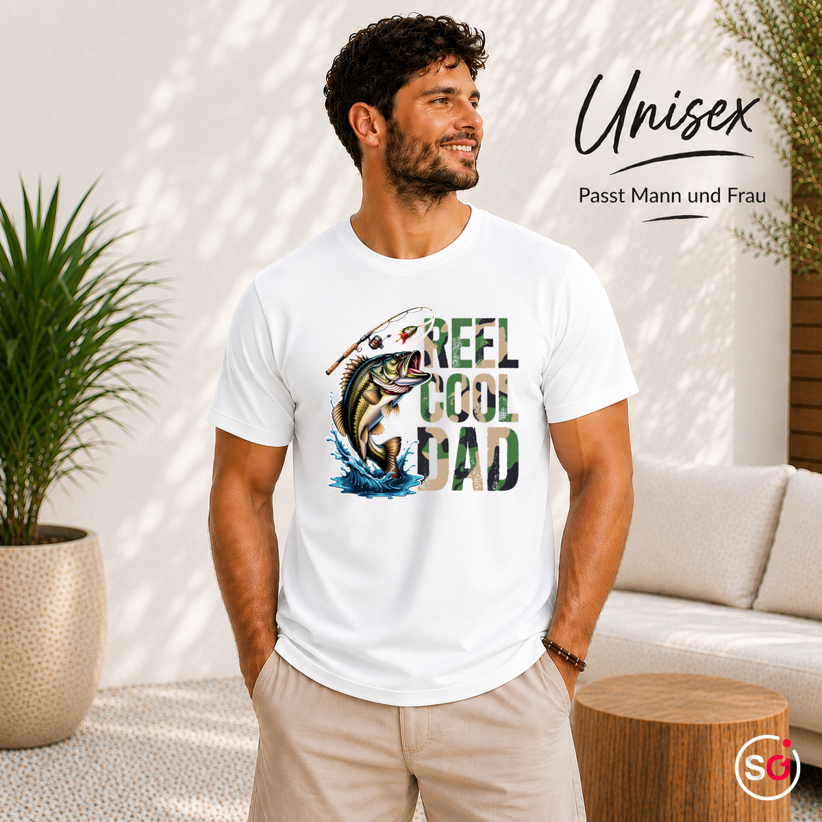 Unisex Weiß – Reel Cool Dad T-Shirt mit detailreichem Bass-Motiv für Angler