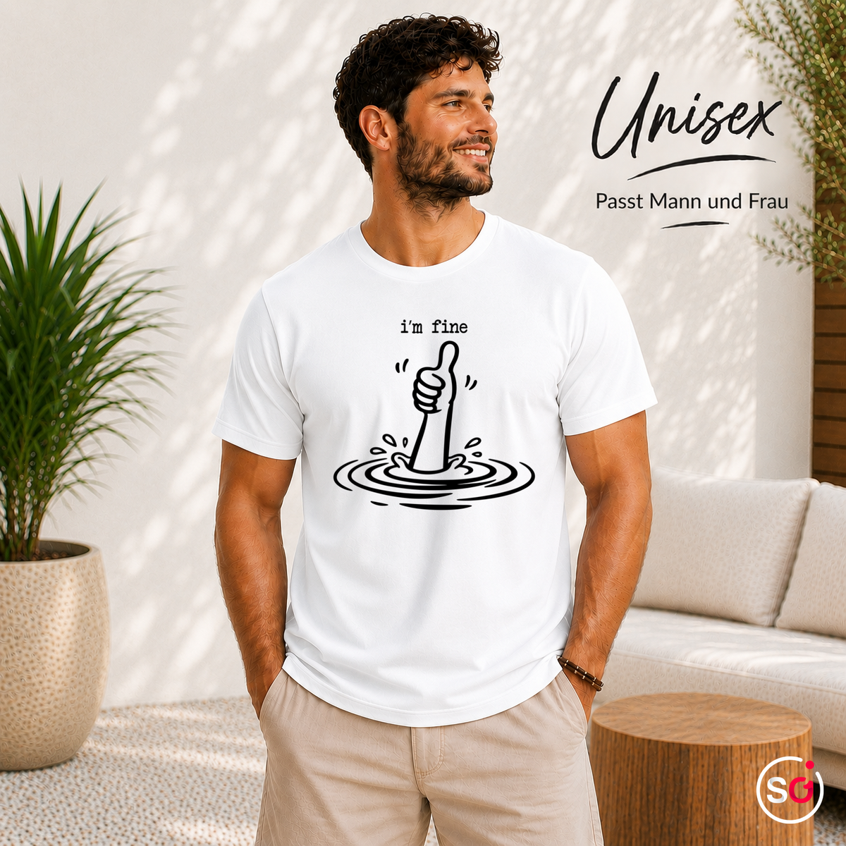 Unisex Weiß – T-Shirt mit sarkastischem 'I'm Fine' Daumen Hoch Motiv