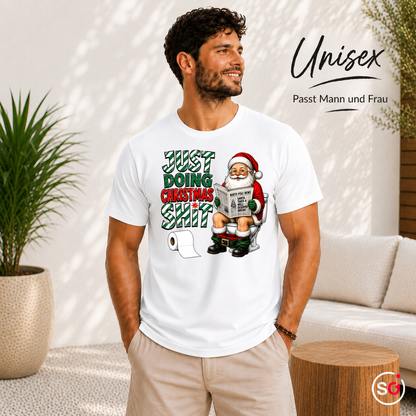 Unisex Weiß – T-Shirt „Just Doing Christmas Shit“ mit Weihnachtsmann auf der Toilette