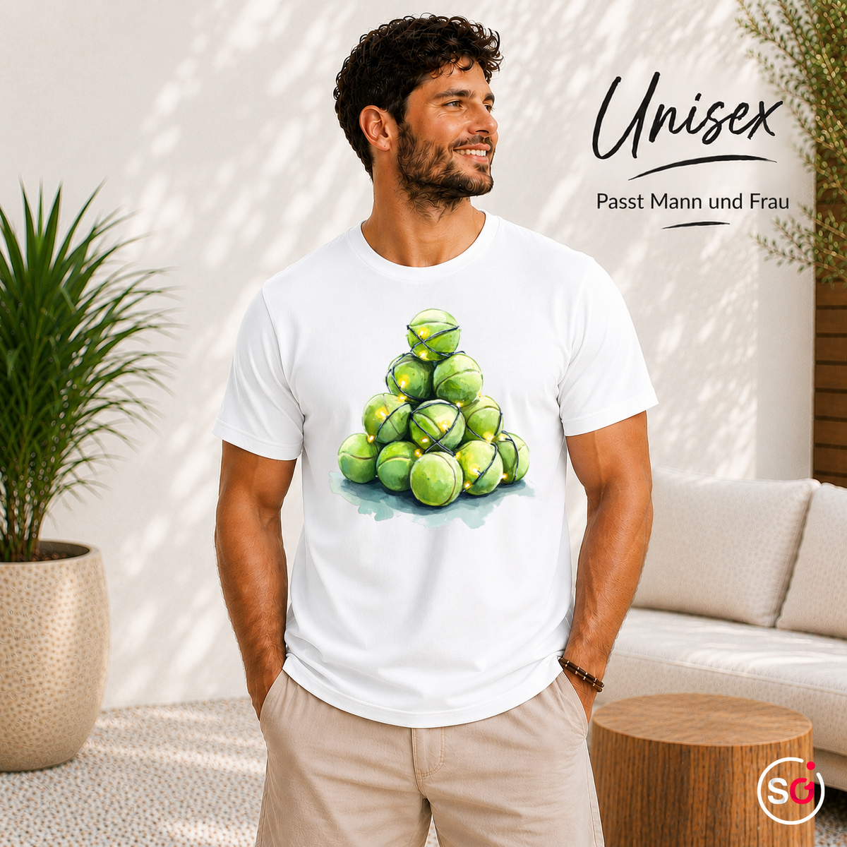 Unisex Weiß – Weihnachtsbaum aus Tennisbällen T-Shirt | Festliches Design für Tennisfans