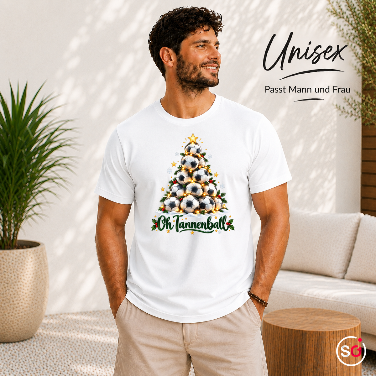 Unisex Weiß – Oh Tannenball T-Shirt: Witziger Weihnachtsbaum aus Fußbällen für die Festtage