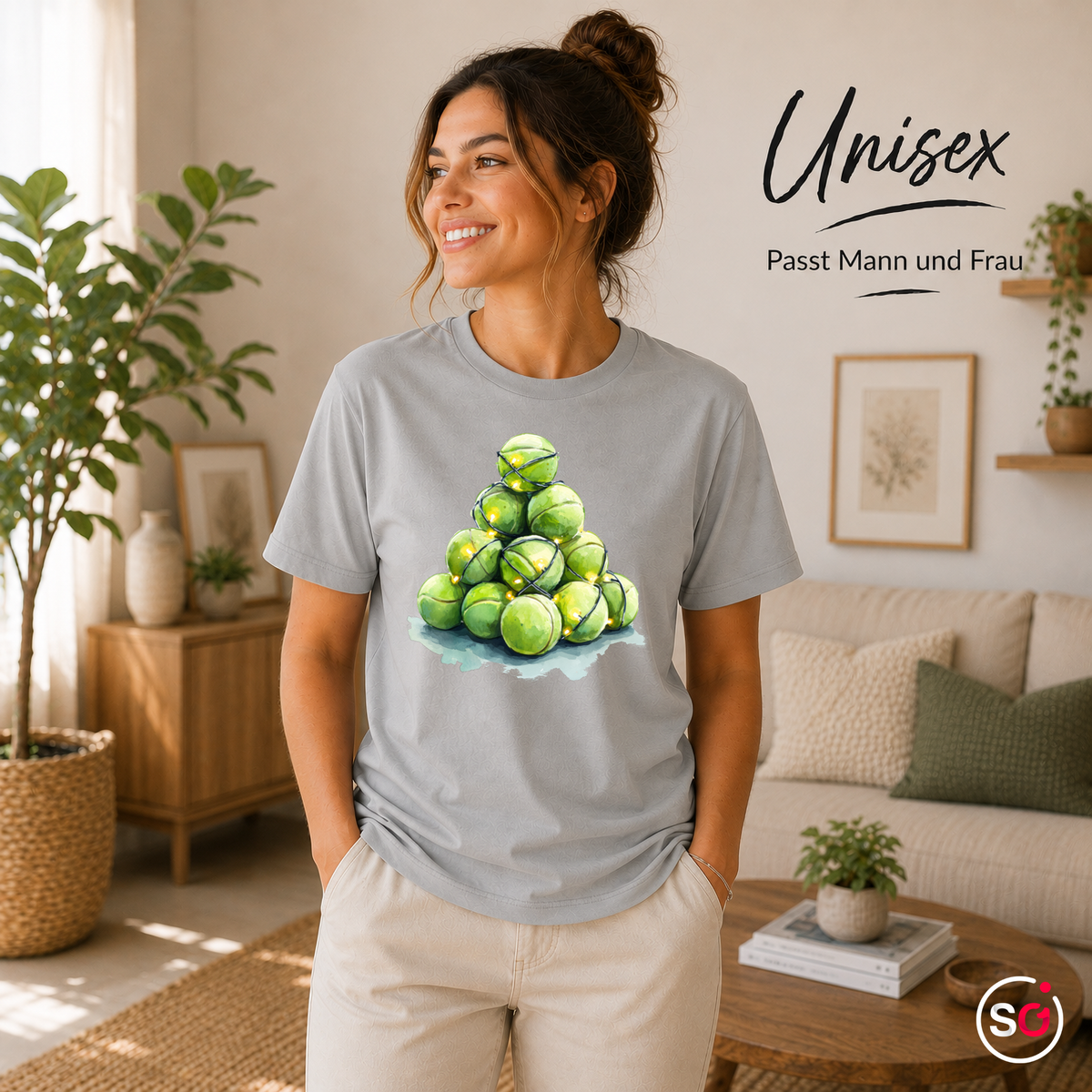 Unisex Grau – Weihnachtsbaum aus Tennisbällen T-Shirt | Festliches Design für Tennisfans