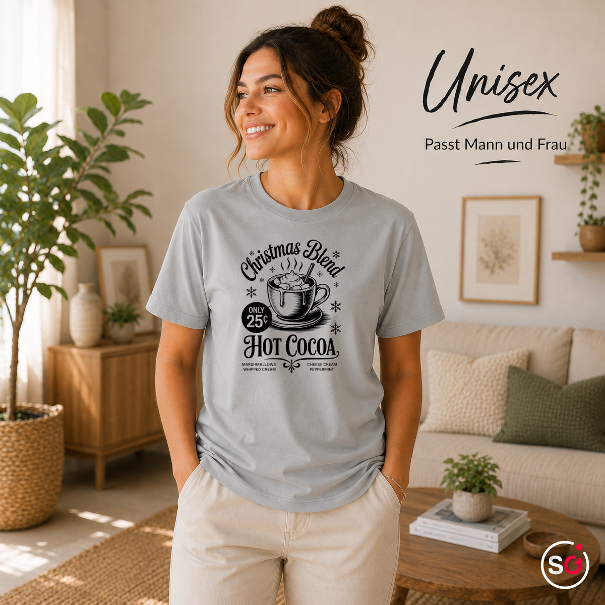 Unisex Grau – T-Shirt mit Hot Cocoa Motiv 'Christmas Blend' im nostalgischen Retro-Design