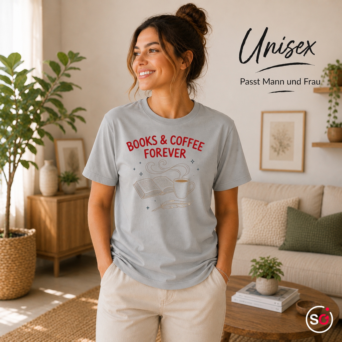 Unisex Grau – T-Shirt mit "Books & Coffee Forever" Design | Illustration für Leseratten & Kaffeeliebhaber